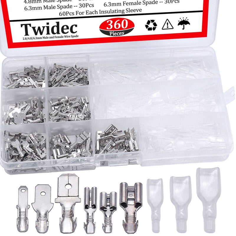 Twidec/360Pcs 2.8/4.8/6.3mm Quick Splice Male and Female Wire Spade Connector Crimp Terminal Block Assortment Kit with Insulating Sleeve for Electrical Wiring Car Audio Speaker - Image 1